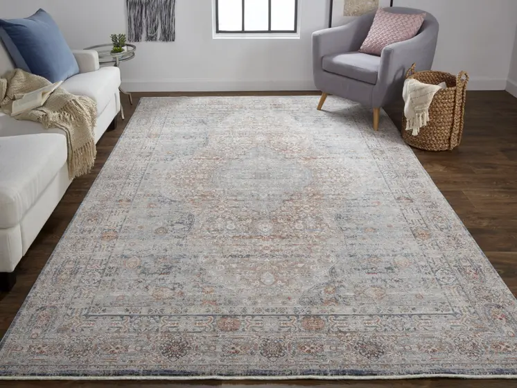 8' Gray Blue and Red Oriental Power Loom Worn Faded Runner Rug With Fringe