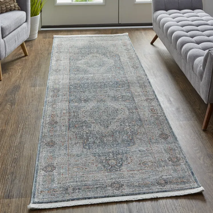 8' Gray Blue and Red Oriental Power Loom Worn Faded Runner Rug With Fringe