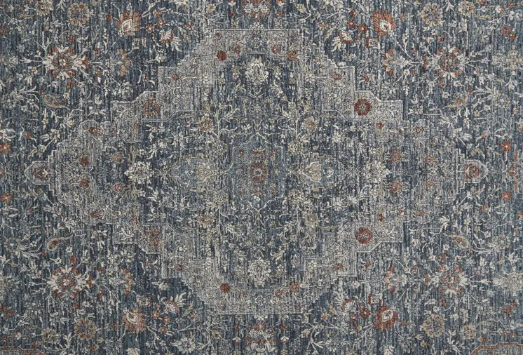 8' Gray Blue and Red Oriental Power Loom Worn Faded Runner Rug With Fringe