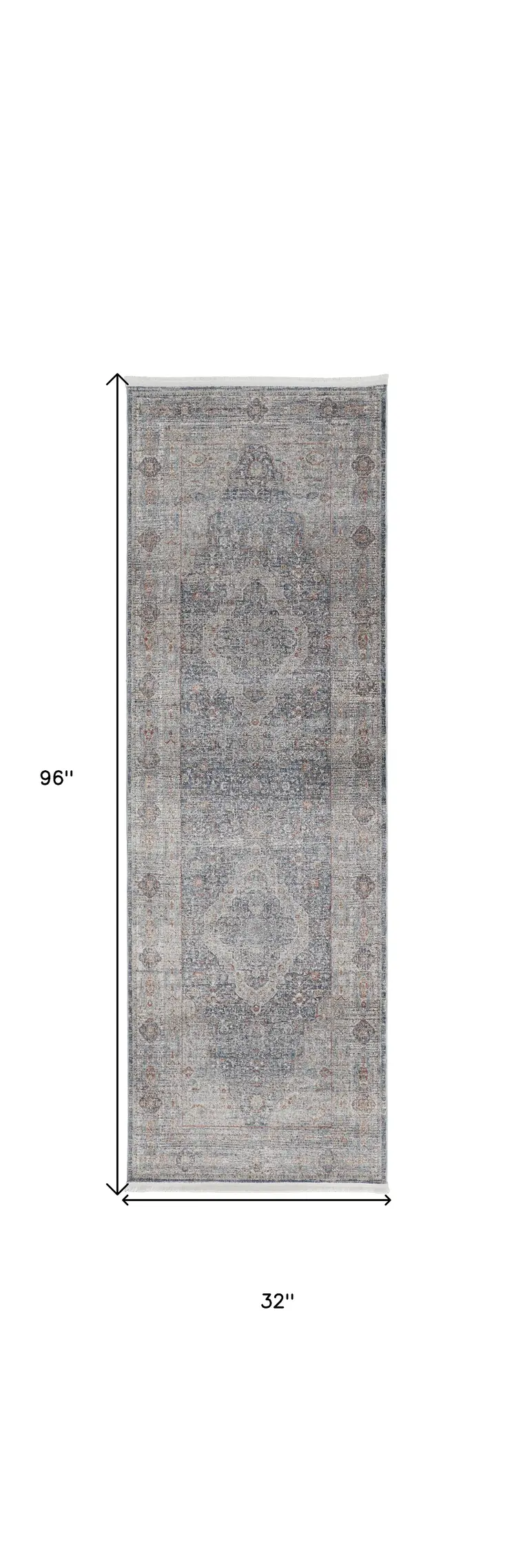 8' Gray Blue and Red Oriental Power Loom Worn Faded Runner Rug With Fringe