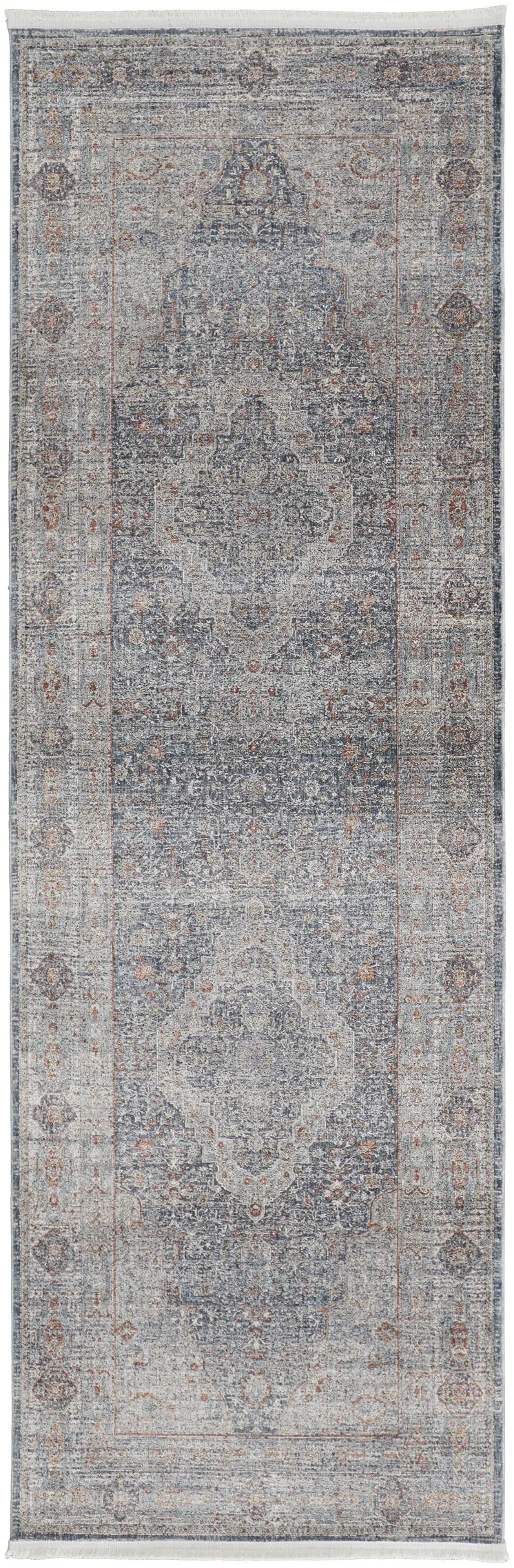 8' Gray Blue and Red Oriental Power Loom Worn Faded Runner Rug With Fringe