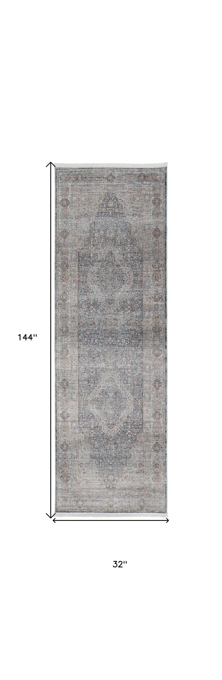 12' Gray Blue and Red Oriental Power Loom Worn Faded Runner Rug With Fringe