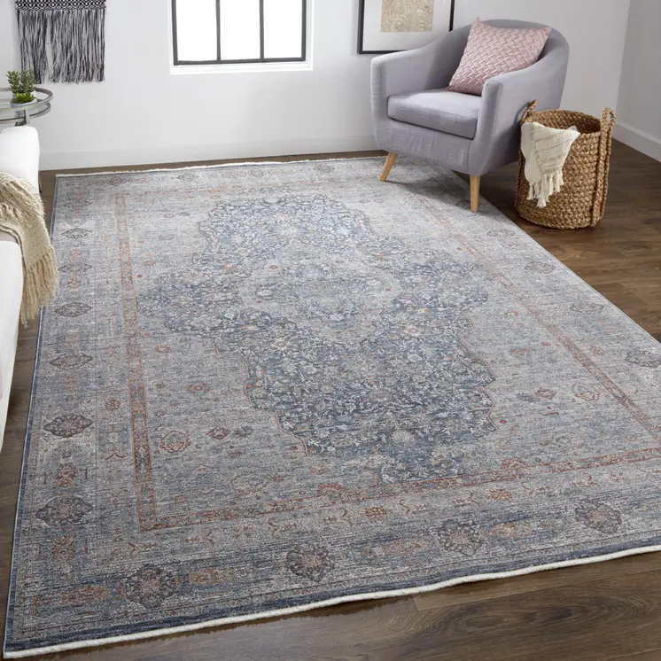 2' X 3' Gray Blue and Red Oriental Power Loom Worn Faded Area Rug With Fringe