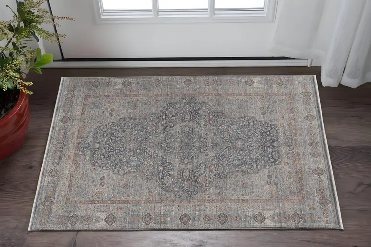 2' X 3' Gray Blue and Red Oriental Power Loom Worn Faded Area Rug With Fringe