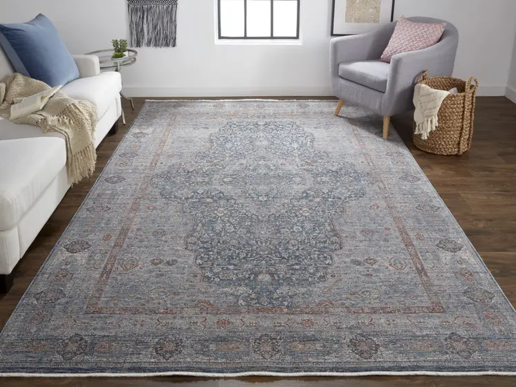 2' X 3' Gray Blue and Red Oriental Power Loom Worn Faded Area Rug With Fringe