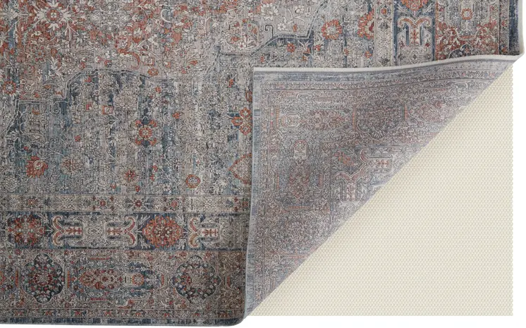 7' X 10' Gray Ivory and Orange Oriental Power Loom Worn Faded Area Rug With Fringe