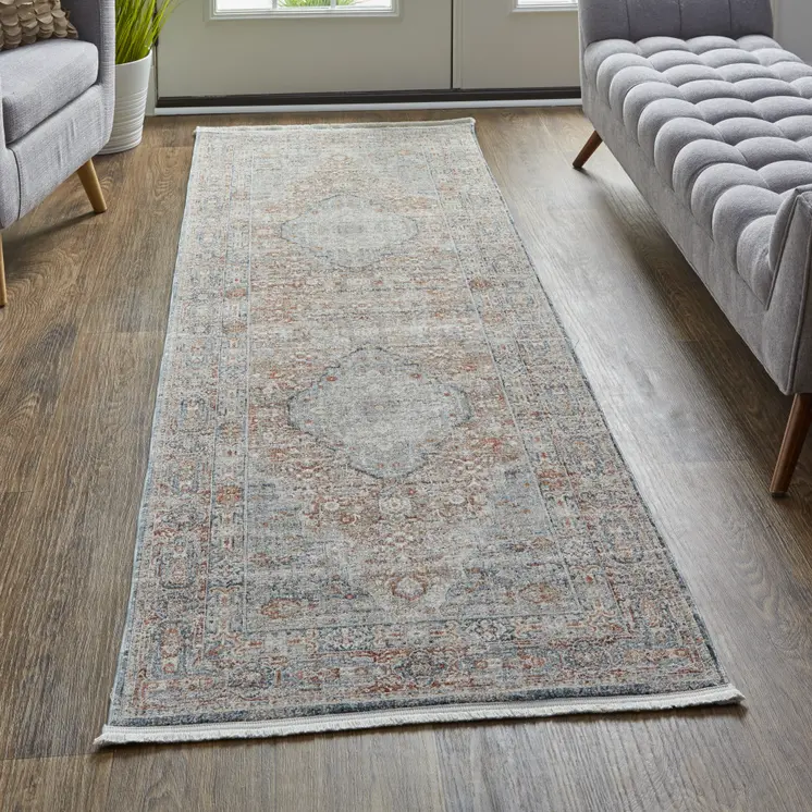 8' Gray Ivory and Orange Oriental Power Loom Worn Faded Runner Rug With Fringe