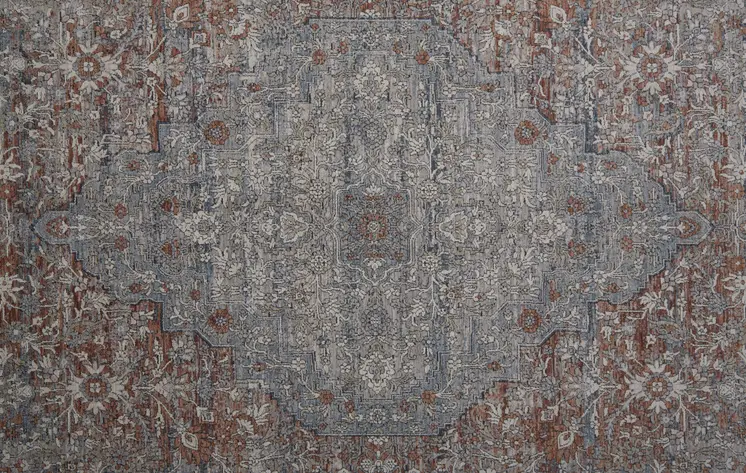 8' Gray Ivory and Orange Oriental Power Loom Worn Faded Runner Rug With Fringe