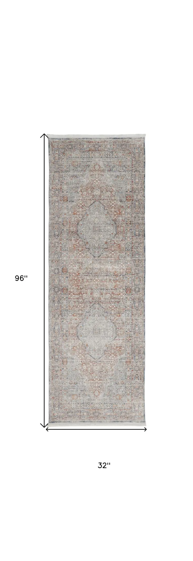 8' Gray Ivory and Orange Oriental Power Loom Worn Faded Runner Rug With Fringe