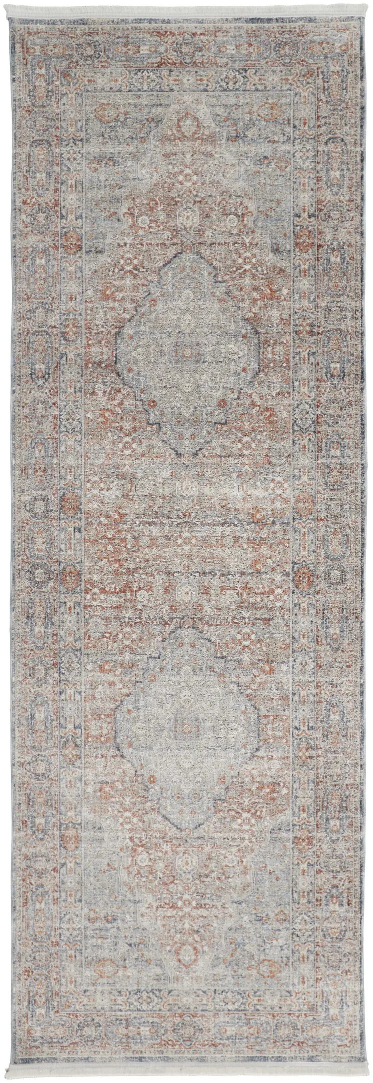 8' Gray Ivory and Orange Oriental Power Loom Worn Faded Runner Rug With Fringe