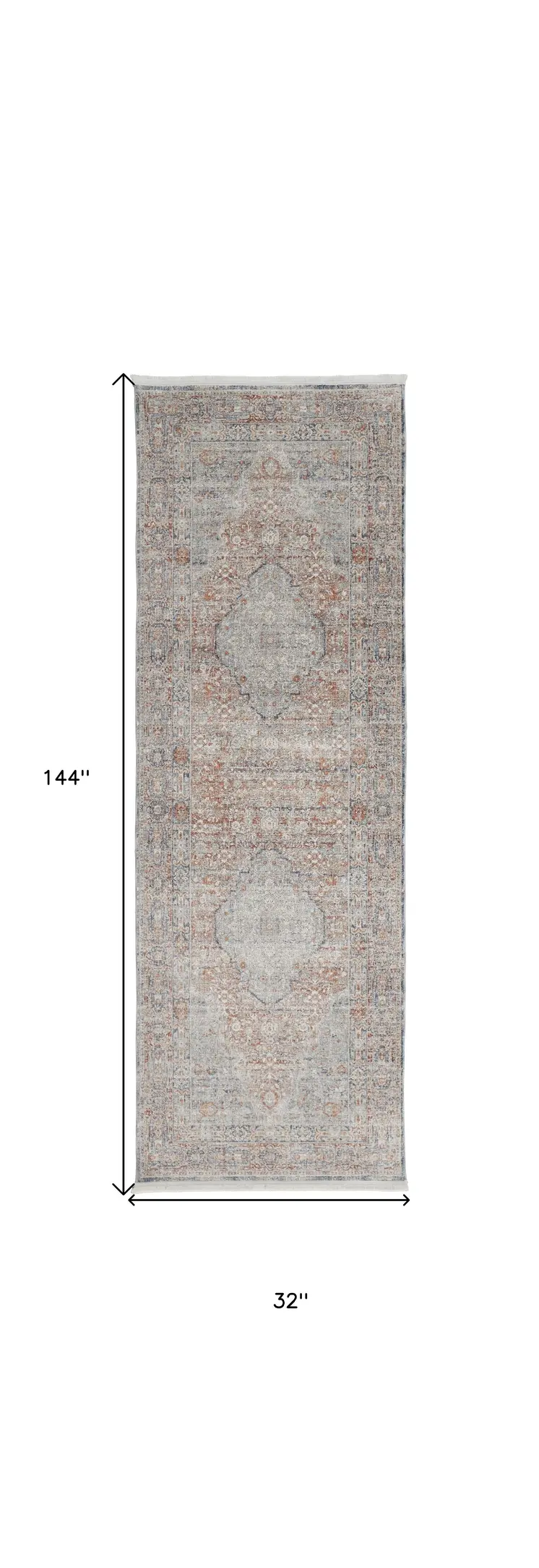 12' Gray Ivory and Orange Oriental Power Loom Worn Faded Runner Rug With Fringe