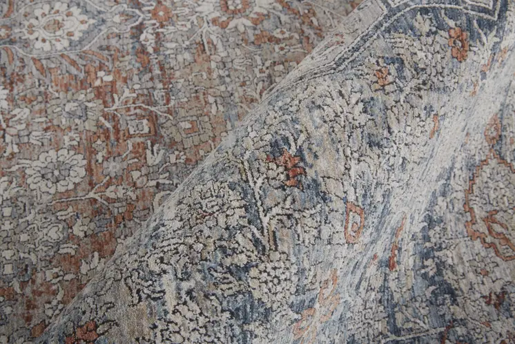 12' X 15' Gray Ivory and Orange Oriental Power Loom Worn Faded Area Rug With Fringe