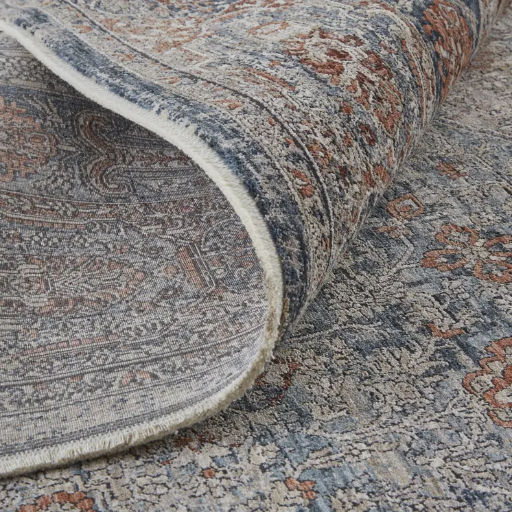 12' X 15' Gray Ivory and Orange Oriental Power Loom Worn Faded Area Rug With Fringe