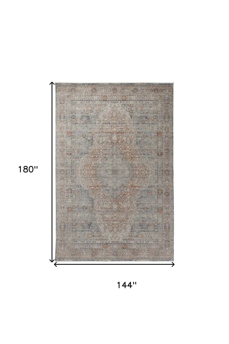12' X 15' Gray Ivory and Orange Oriental Power Loom Worn Faded Area Rug With Fringe