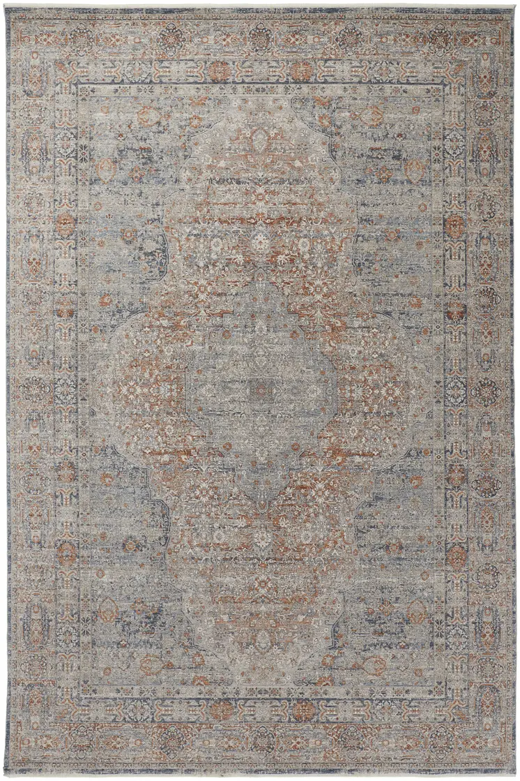 12' X 15' Gray Ivory and Orange Oriental Power Loom Worn Faded Area Rug With Fringe
