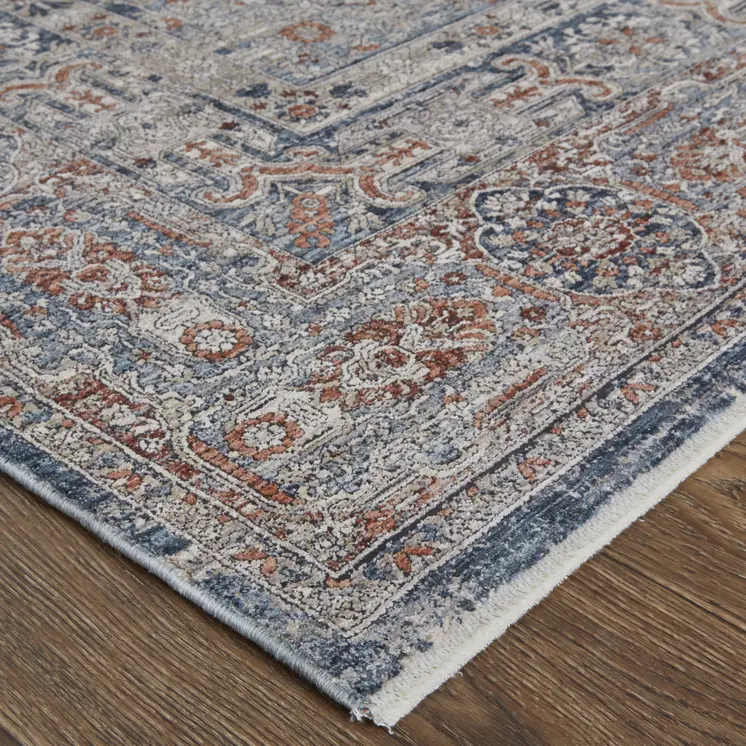 2' X 3' Gray Ivory and Orange Oriental Power Loom Worn Faded Area Rug With Fringe