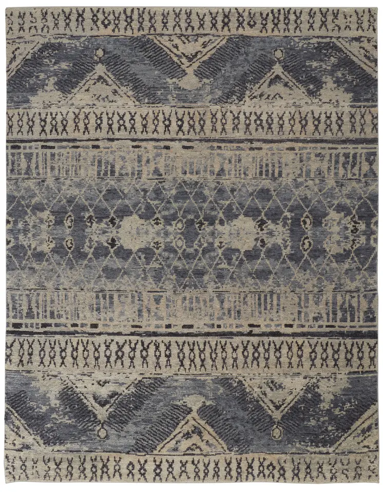 8' X 12' Gray Blue and Ivory Wool Floral Hand Knotted Area Rug