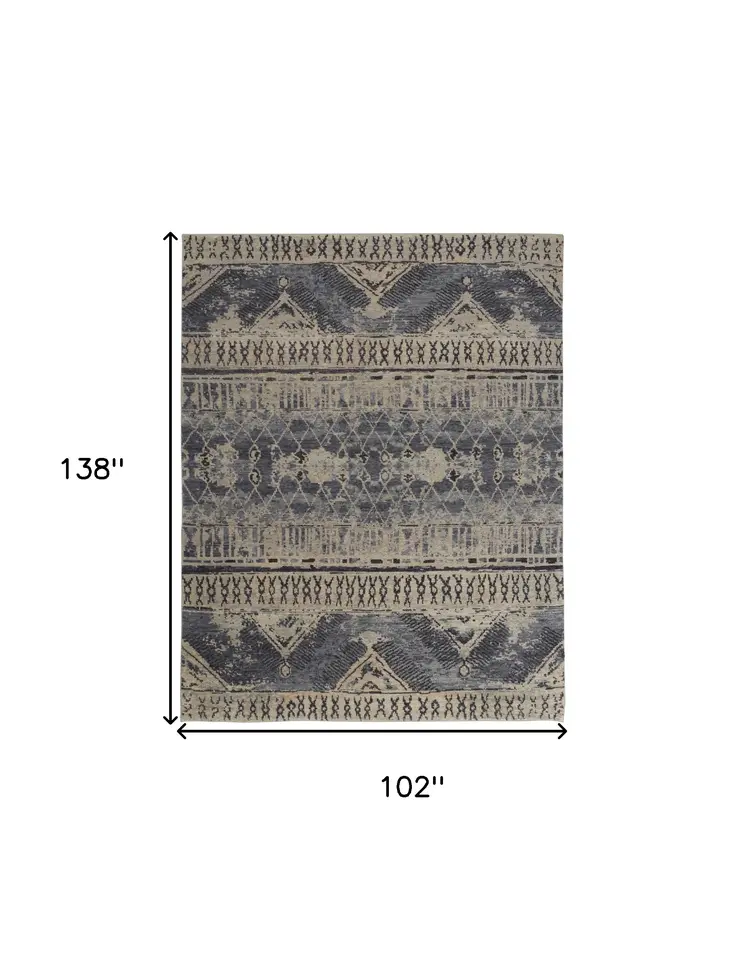 8' X 12' Gray Blue and Ivory Wool Floral Hand Knotted Area Rug
