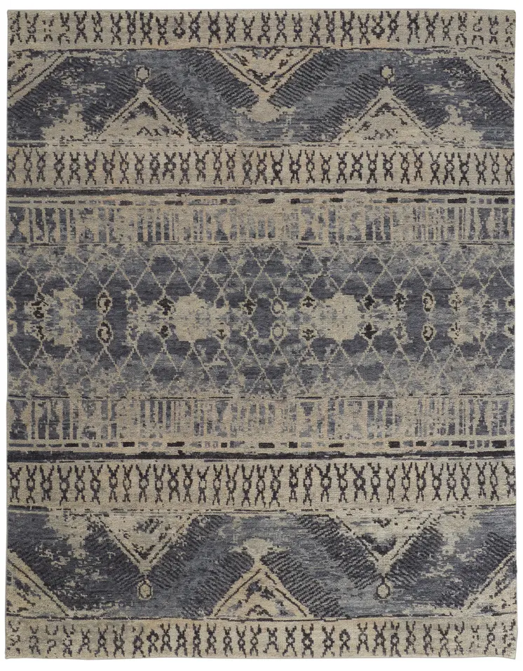 9' X 13' Gray Blue and Ivory Wool Floral Hand Knotted Area Rug