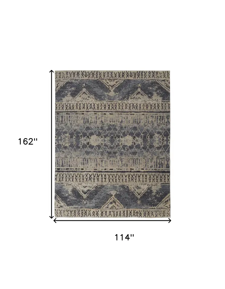 9' X 13' Gray Blue and Ivory Wool Floral Hand Knotted Area Rug