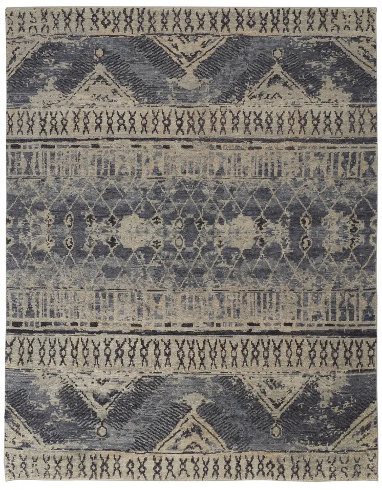 9' X 13' Gray Blue and Ivory Wool Floral Hand Knotted Area Rug