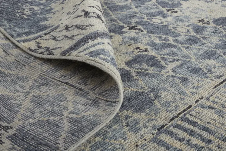 8' Gray Blue and Ivory Wool Floral Hand Knotted Runner Rug