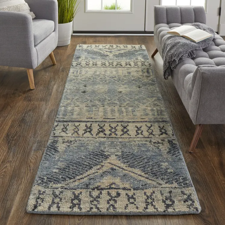 8' Gray Blue and Ivory Wool Floral Hand Knotted Runner Rug