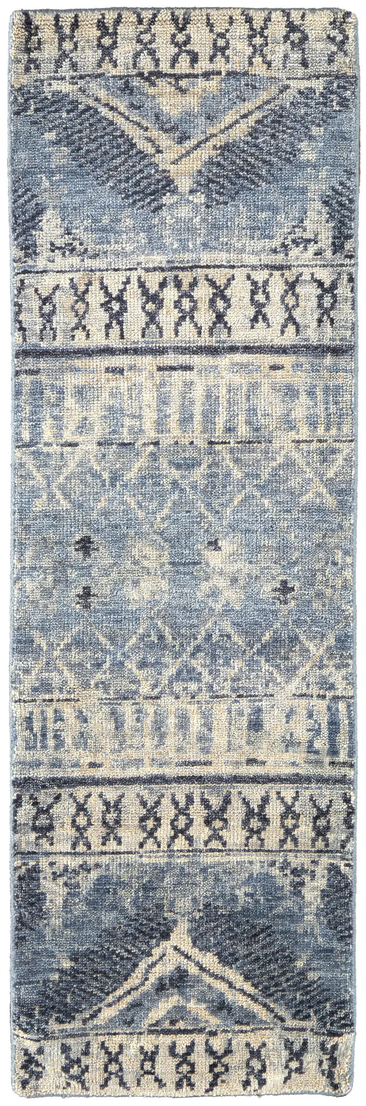 8' Gray Blue and Ivory Wool Floral Hand Knotted Runner Rug