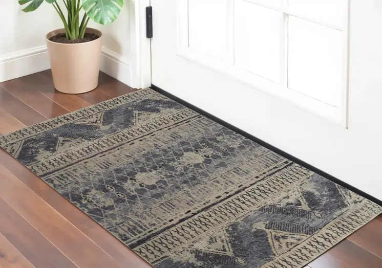 2' X 3' Gray Blue and Ivory Wool Floral Hand Knotted Area Rug