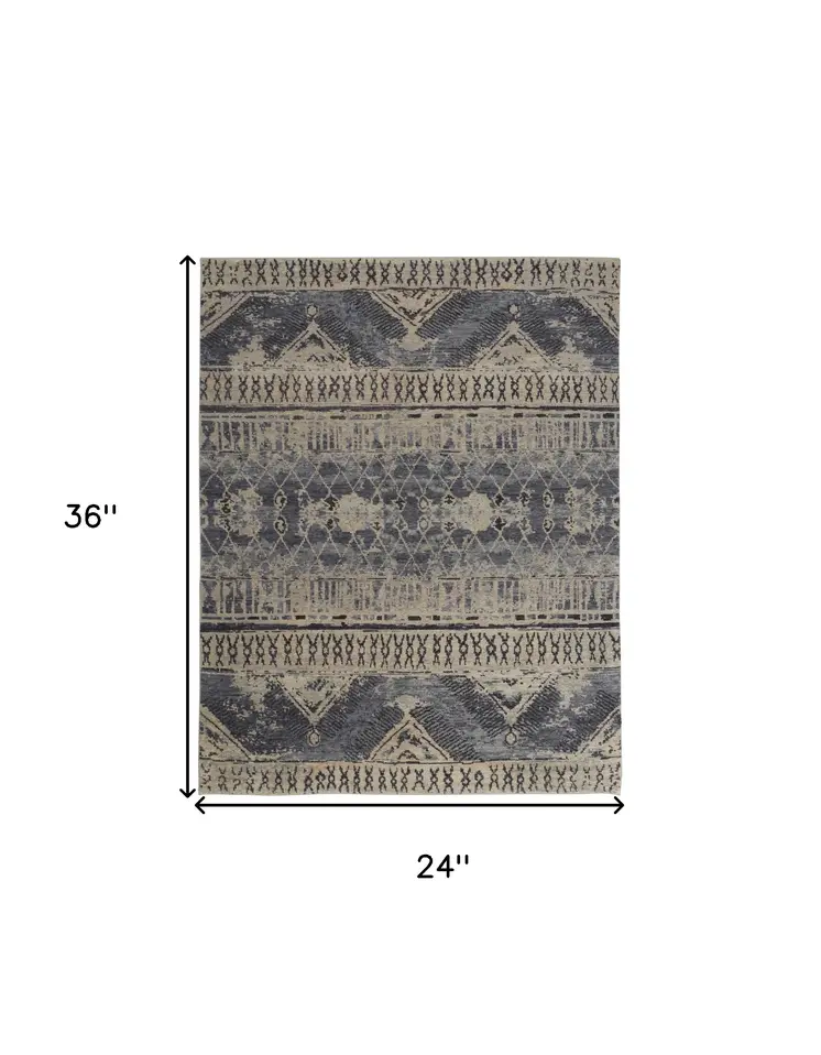 2' X 3' Gray Blue and Ivory Wool Floral Hand Knotted Area Rug