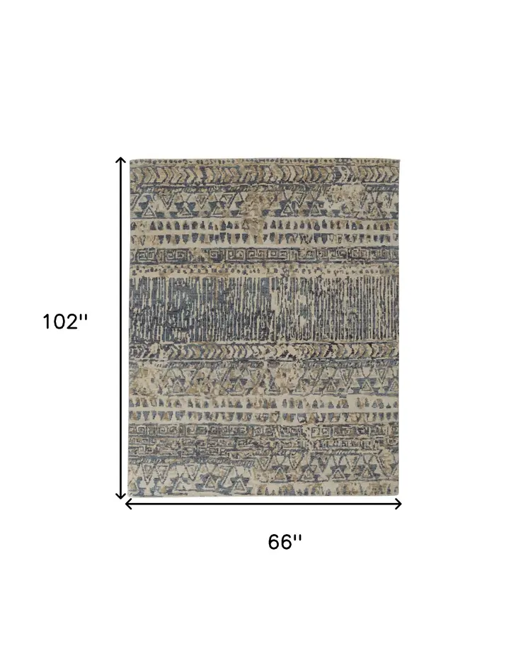 6' X 9' Gray and Blue Wool Geometric Hand Knotted Area Rug