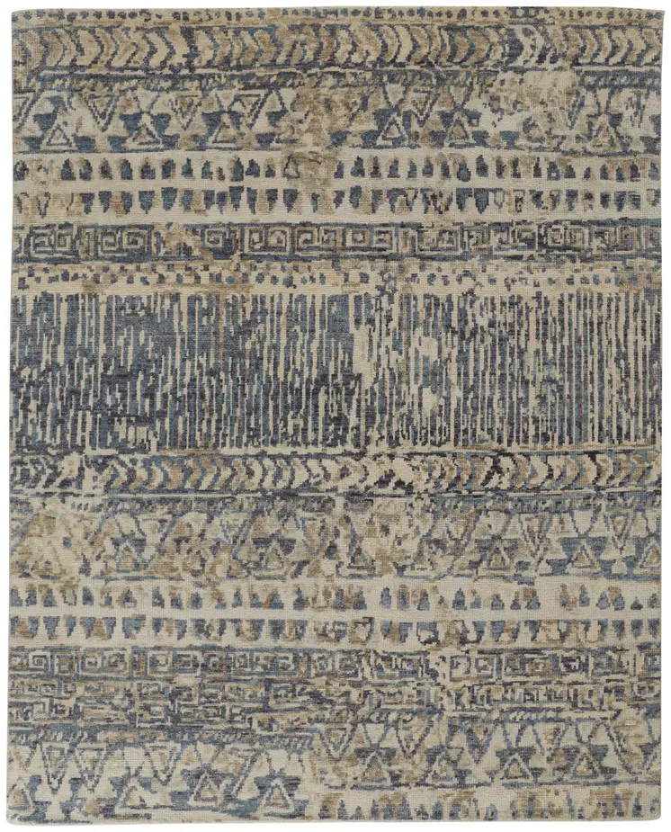 8' X 10' Gray and Blue Wool Geometric Hand Knotted Area Rug