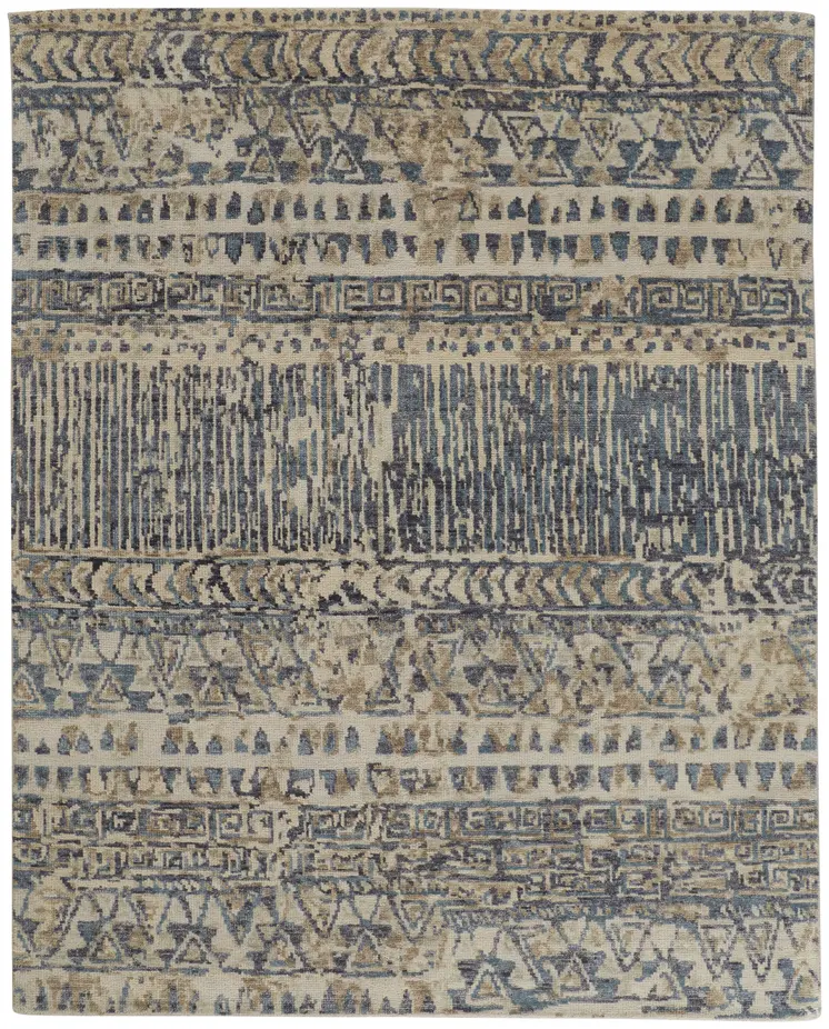 8' X 10' Gray and Blue Wool Geometric Hand Knotted Area Rug