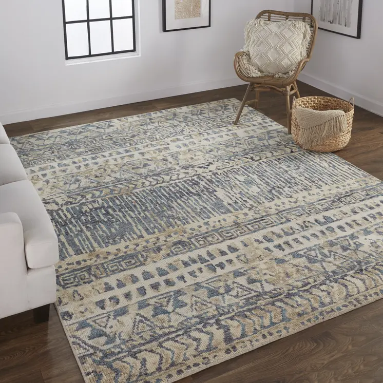 8' X 10' Gray and Blue Wool Geometric Hand Knotted Area Rug