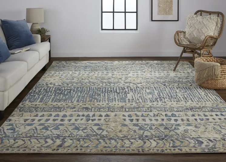 2' X 3' Ivory and Blue Wool Geometric Hand Knotted Area Rug