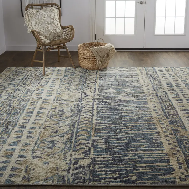 2' X 3' Ivory and Blue Wool Geometric Hand Knotted Area Rug