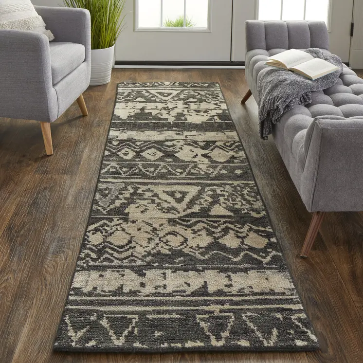 8' Ivory Gray and Black Wool Geometric Hand Knotted Runner Rug