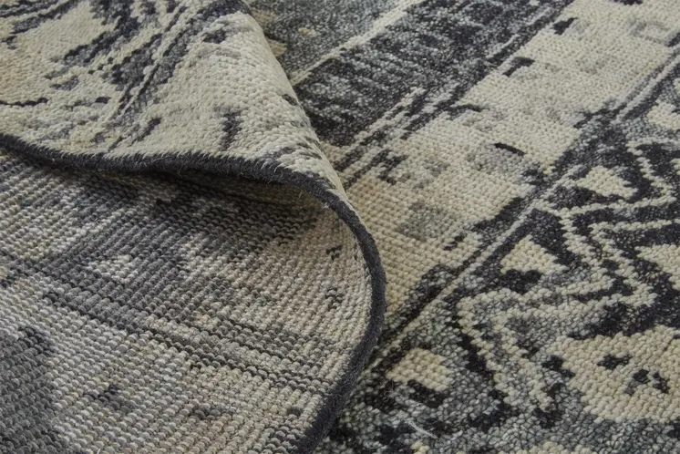 8' Ivory Gray and Black Wool Geometric Hand Knotted Runner Rug