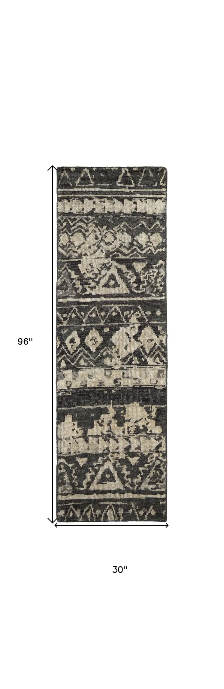 8' Ivory Gray and Black Wool Geometric Hand Knotted Runner Rug