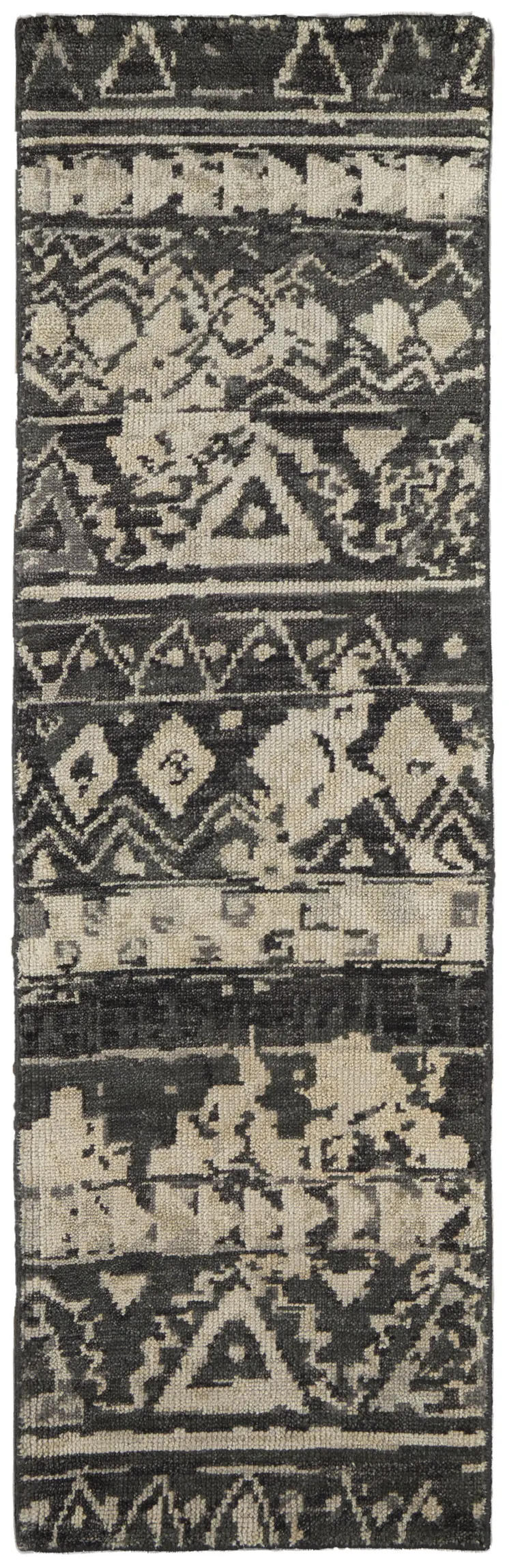 8' Ivory Gray and Black Wool Geometric Hand Knotted Runner Rug
