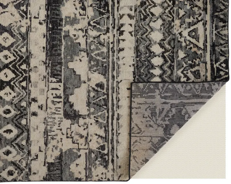 2' X 3' Ivory Gray and Black Wool Geometric Hand Knotted Area Rug