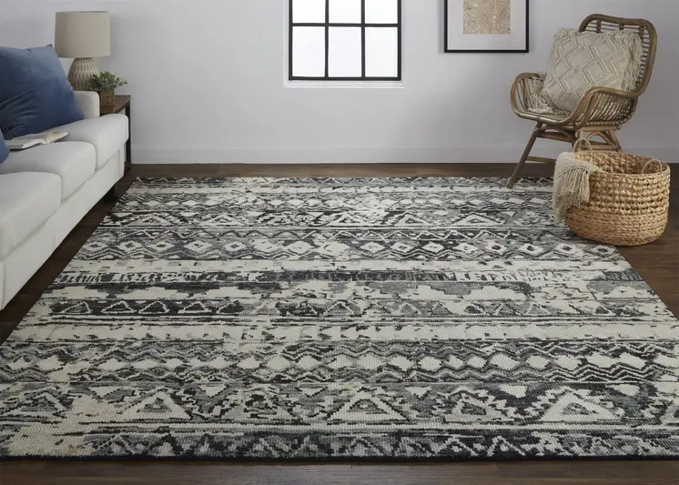 2' X 3' Ivory Gray and Black Wool Geometric Hand Knotted Area Rug