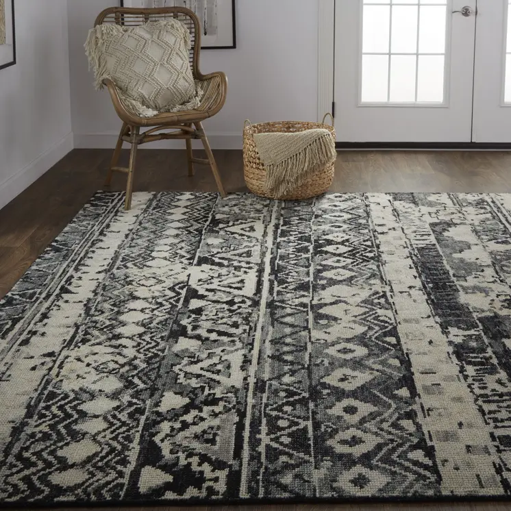 2' X 3' Ivory Gray and Black Wool Geometric Hand Knotted Area Rug