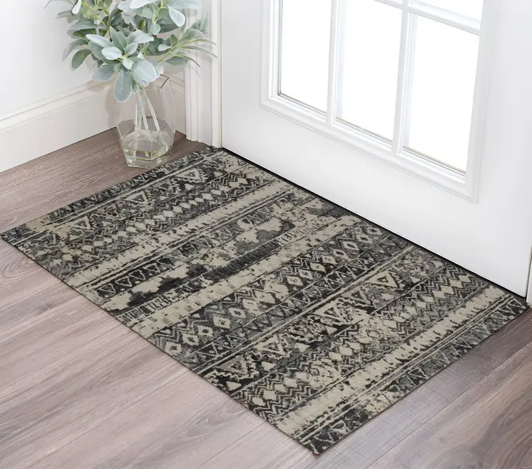 2' X 3' Ivory Gray and Black Wool Geometric Hand Knotted Area Rug