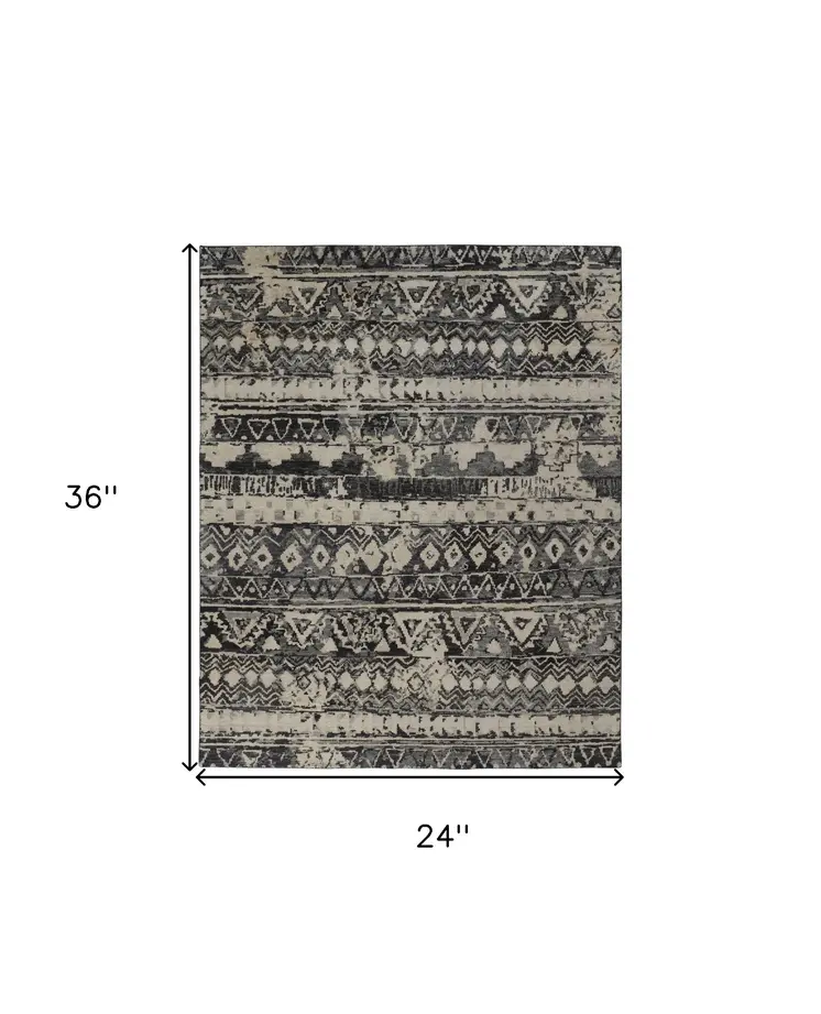 2' X 3' Ivory Gray and Black Wool Geometric Hand Knotted Area Rug