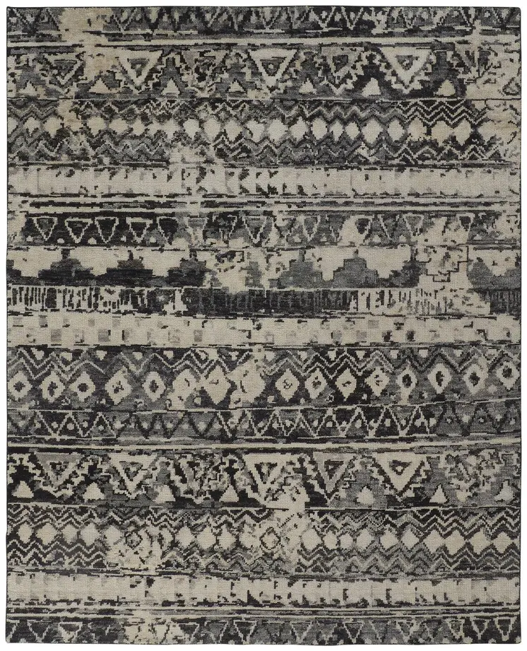 2' X 3' Ivory Gray and Black Wool Geometric Hand Knotted Area Rug