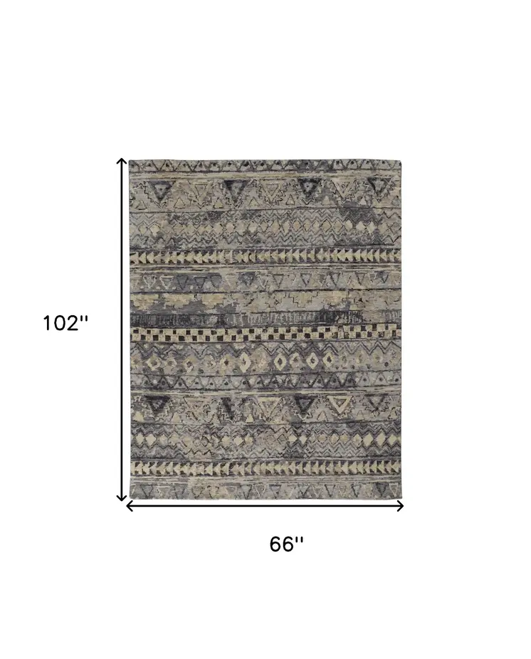 6' X 9' Taupe Gray and Tan Wool Geometric Hand Knotted Area Rug