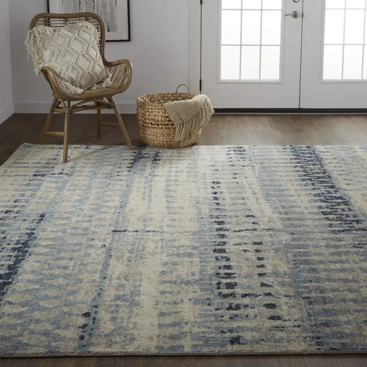 6' X 9' Gray Blue and Ivory Wool Abstract Hand Knotted Area Rug