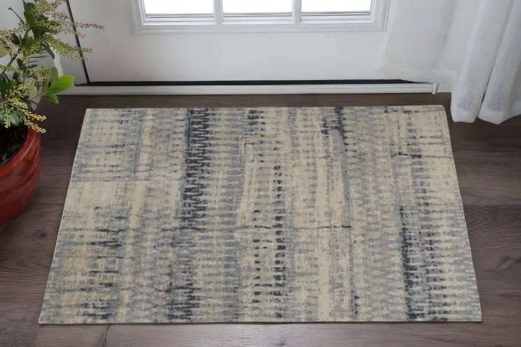 2' X 3' Gray Blue and Ivory Wool Abstract Hand Knotted Area Rug