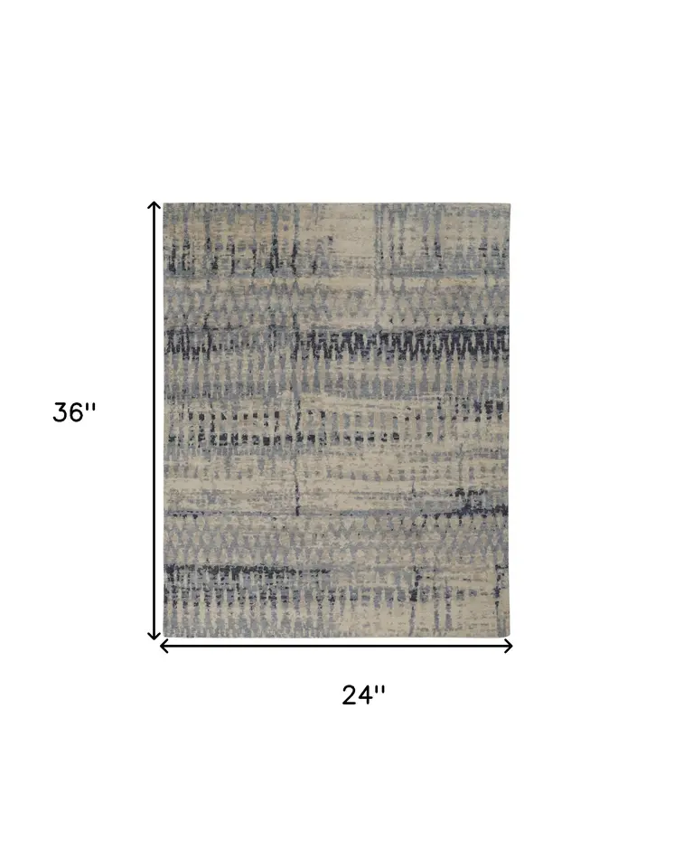 2' X 3' Gray Blue and Ivory Wool Abstract Hand Knotted Area Rug